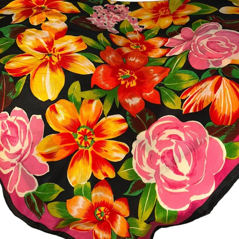 Vintage 100% SILK bright Spring Flowers roses print scarf 34